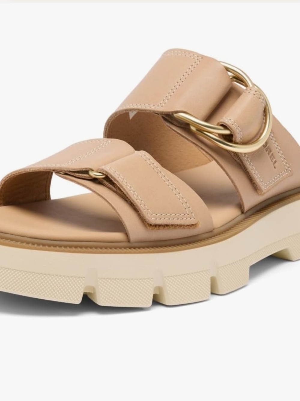 Sorel Rein Beige Slide Sandals with Gold Ring Accent